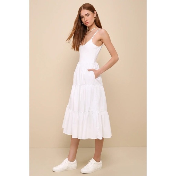 Lulus Dresses & Skirts - Lulus Lovable Cutie White Tiered Midi Dress Sleeveless Ribbed Bodice W Pockets
